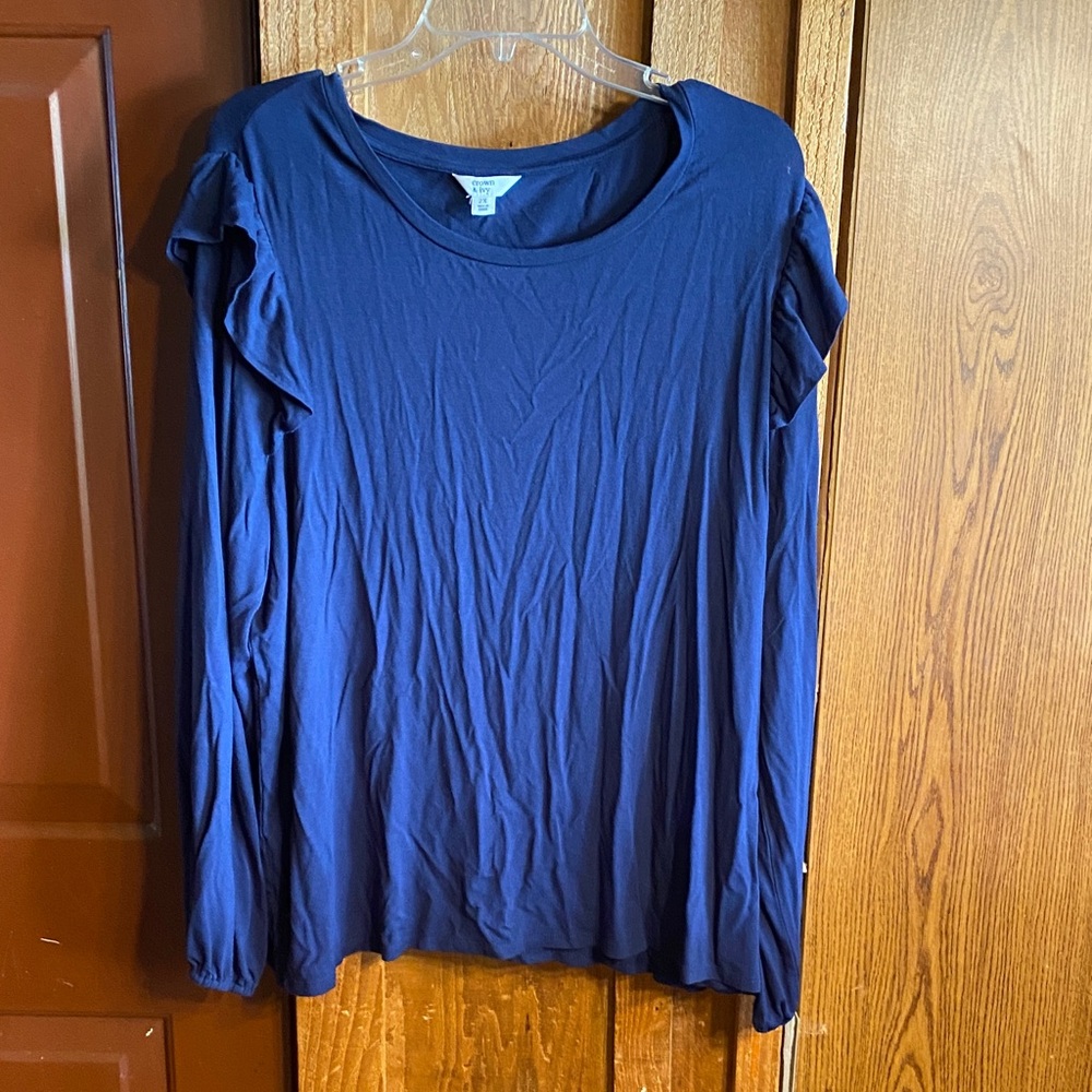 crown & ivy Navy Ruffle Shoulder Long Sleeve Top